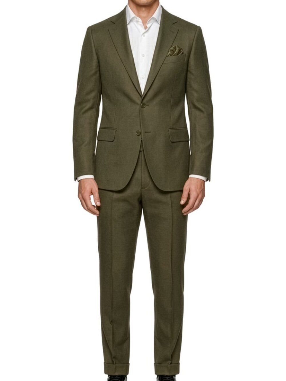 Olive Textured Knit Notch Lapel Cuffed Bottoms 2 Piece Men's Suit - Picture 3 of 3